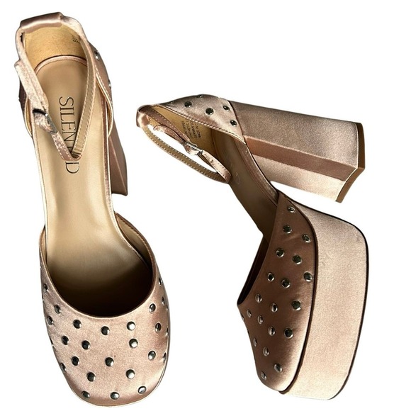 ANTHROPOLOGIE Silent D Grace Rose Satin Studded Platform Heels NIB Size 8.5 - Picture 5 of 8